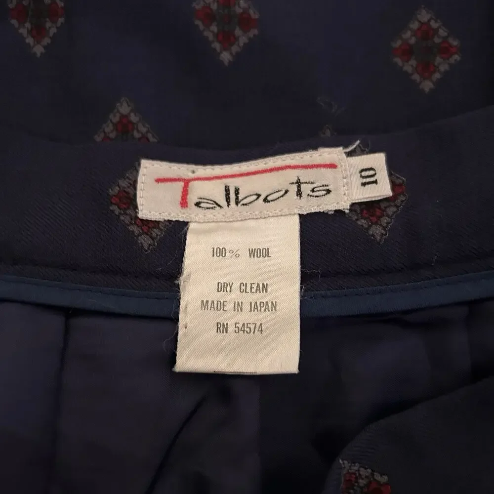 Vintage Talbots Paisley Geometric 100% Wool Navy/Burgundy Midi A-Line Skirt 10
